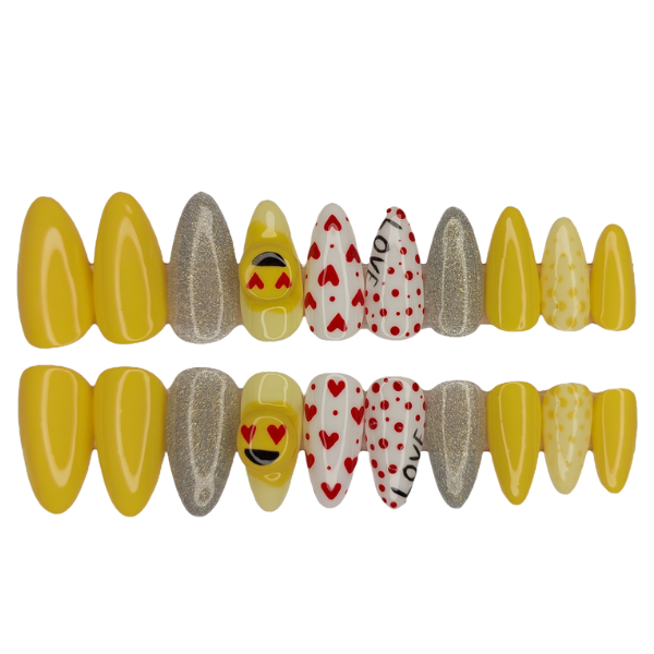 Luxury Press On Nails - Medium Almond 3D Emoji Heart Set - 20 Piece