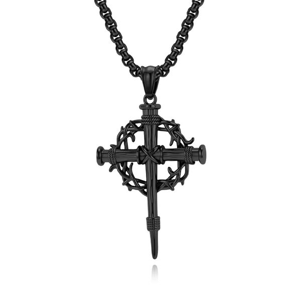 Thorn Wreath Titanium Steel Cross Necklace For Men, Trendy Design