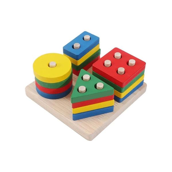 Wooden Shape Sorting Puzzle - 4-Stack Geometric Toddler Toy 12-36 Months