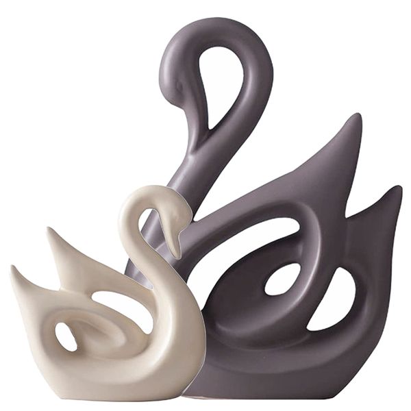 Home Nordic Swan Couple Ceramic Ornament Indoor Decoration Brown/Cream Set