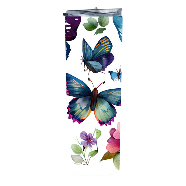 Water Color Flower Butterflies 20 Oz Straight Skinny Tumbler 001