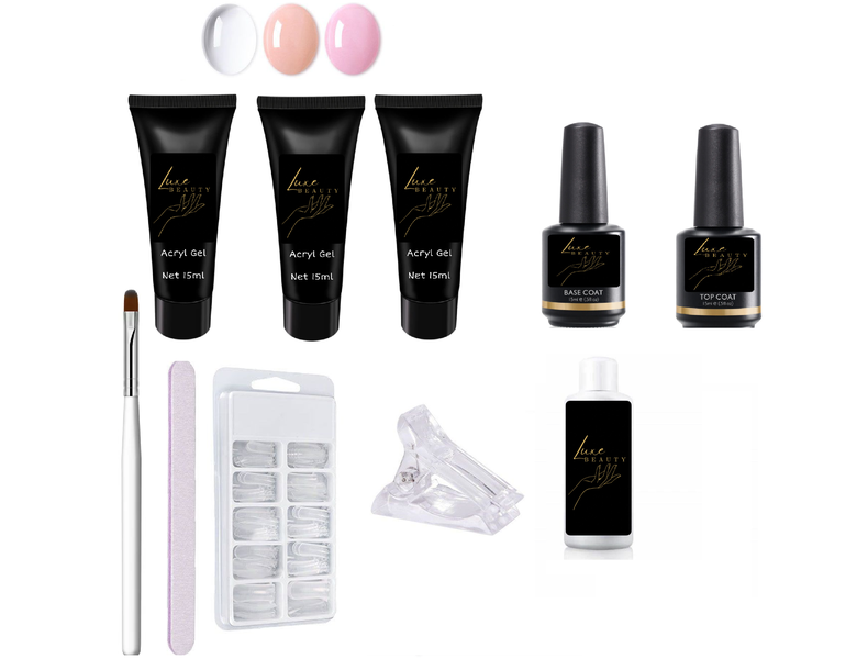 Luxe Beauty Polygel Set with Slip Solution, Base Coat &amp; Top Coat