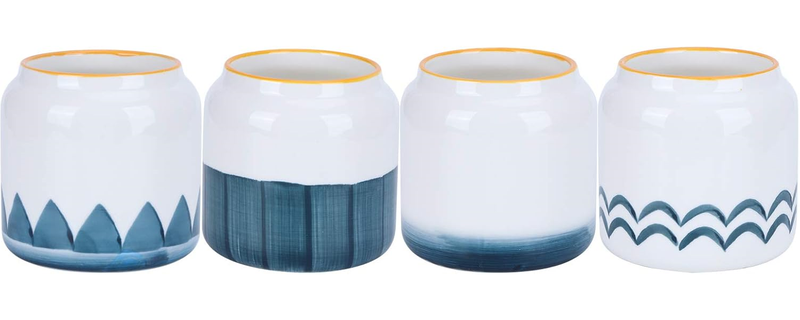 Blue &amp; White Hand-Painted Ceramic Succulent Pots with Hole - Set of 4