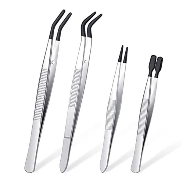 4 Pieces Tweezers Set with Rubber Tips PVC Coated