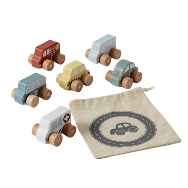 6-Piece Wooden Vehicle Car Set with Carry Bag for Kids