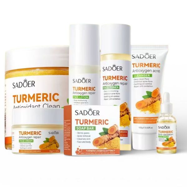 SADOER Turmeric Skincare Set- Cleanser, Scrub, Toner, Serum, Cream &amp; Soap