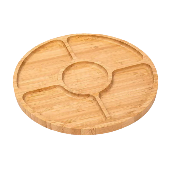 Bamboo Wood Round Serving Tray With 5-Section Divider