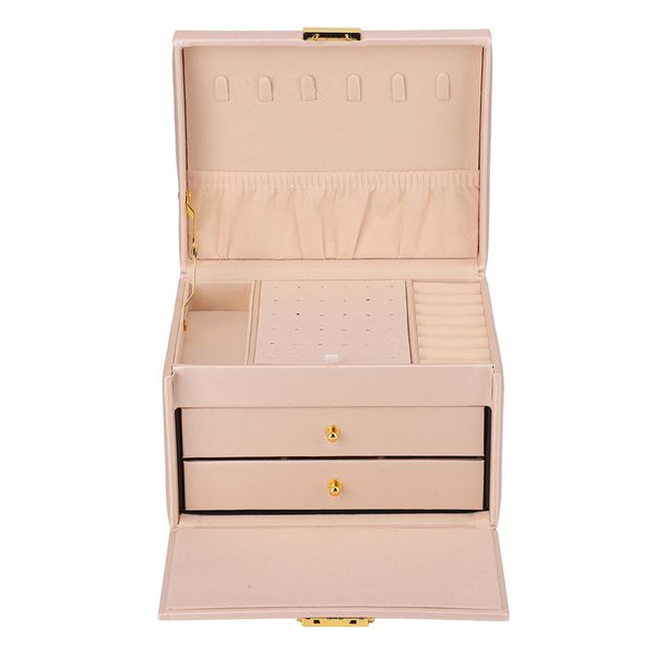 3-Tier Lockable PU Leather Jewelry Organizer for Earrings, Necklaces &amp; Rings