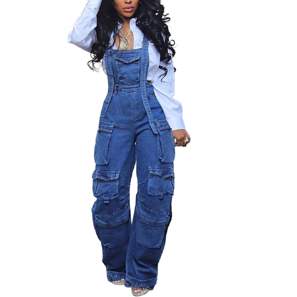 Women's Cargo Denim Overall Jumpsuit Wide Leg Bib Loose Baggy Casual Jeans