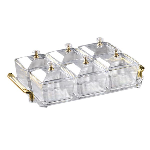 Exquisite 6 Grid Clear Snack Plastic Serving Platter with Gold Rim &amp; Lid