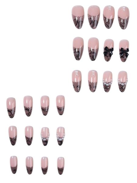 24 Pcs -Lace French Tip Press-On Nails With Bows &amp; Rhinestone Accents-Black