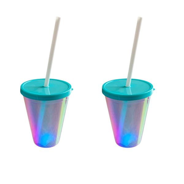 Plastic Tumbler 400ml Metallic Colours With Straw - 2 Piece