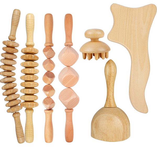 7 pcs Anti Cellulite Massage Set, Wooden Roller Lymphatic Drainage Tool