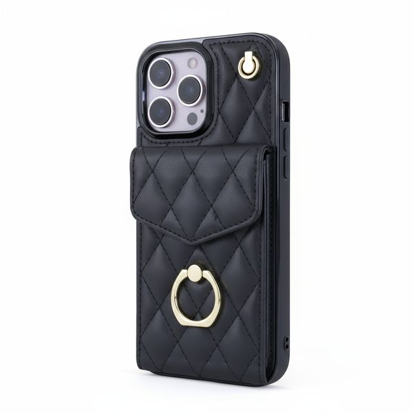 Black Quilted Crossbody Wallet Case with strap - Compatible with iphone