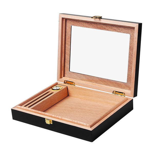 Cedar Wood Humidor Cigar Box and Cutter Set - Black