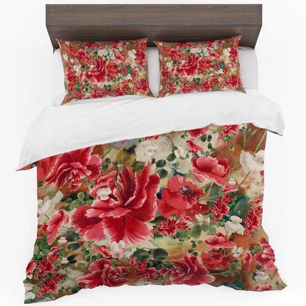 Red and Green Floral Duvet Cover Set