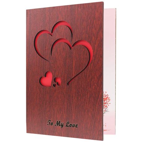 Handmade Walnut Wood Love Greeting Card Laser Cut Heart Valentine's Day Image
