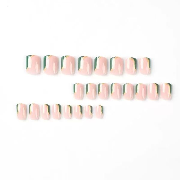 Press On Nails Short Square Nude Fake Nails Green With Gold Stripes