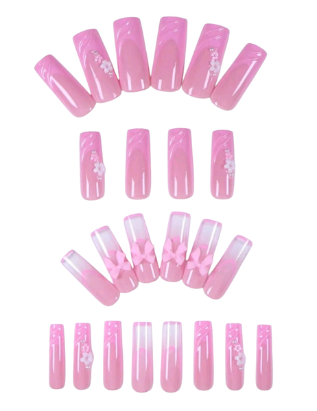 24-Piece Medium Square Pink Cherry Blossom Fake Nail Set