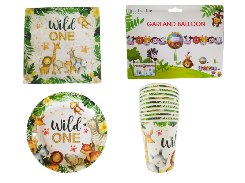 Wild One Animal Party Decor Combo - Green &amp; Yellow - Set of 44