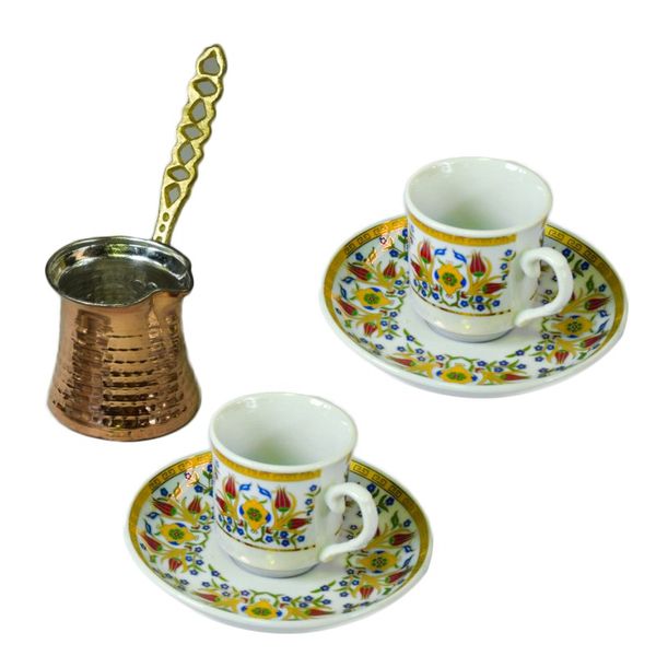 5 Piece Turkish Coffee Mug, Coffee Maker &amp; Fancy Box Set for 2 People