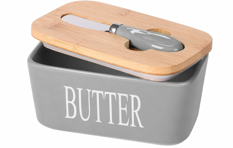 Butter Dish With Bamboo Lid &amp; Built-in Stainless Steel Butter Knife