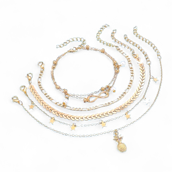 Gold Layered Anklet Set, Adjustable Chain Ankle Bracelets, 5 Piece