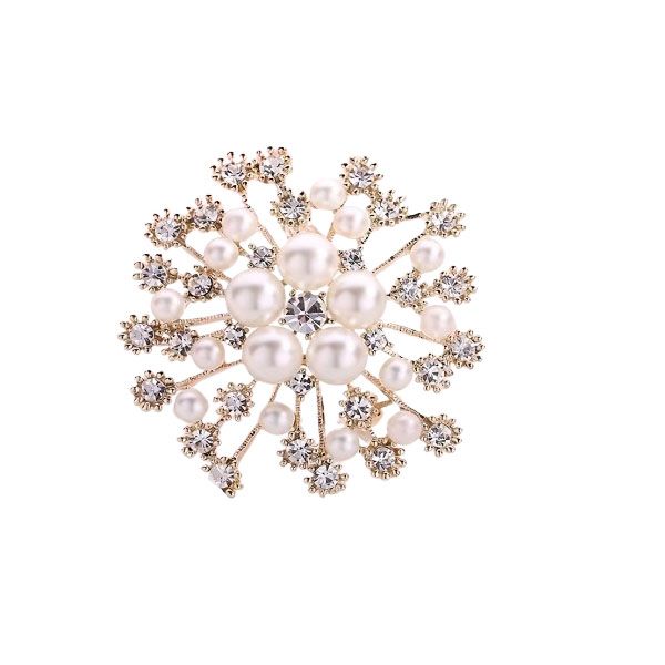 Secret Shield Elegant Faux Pearl and Rhinestone Snowflake Brooch Pin
