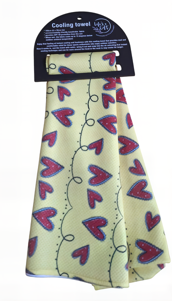 Cooling Towel - Red Floating Hearts on Yellow