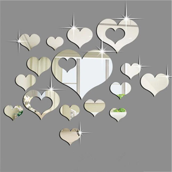 19 Pieces Heart Mirror Wall Decal 3D Acrylic Heart Mirror Wall Decor
