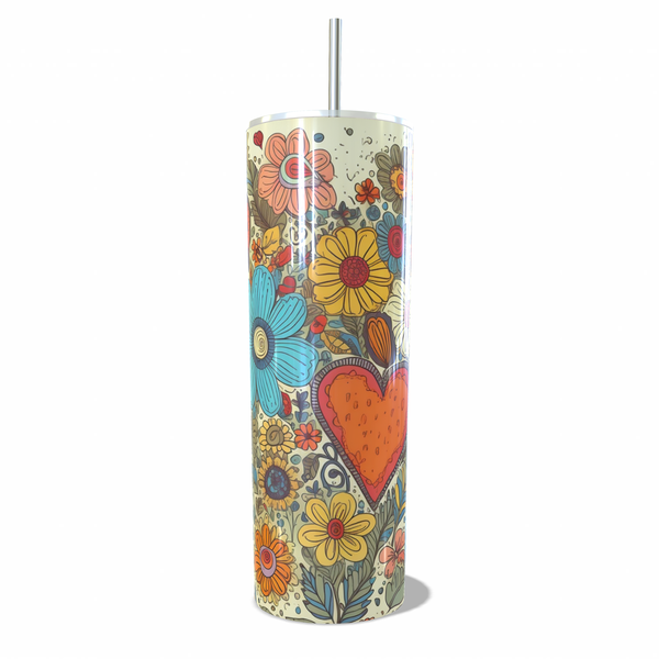 Gorgeous Double Wall Skinny Tumbler with Heart and Flowers