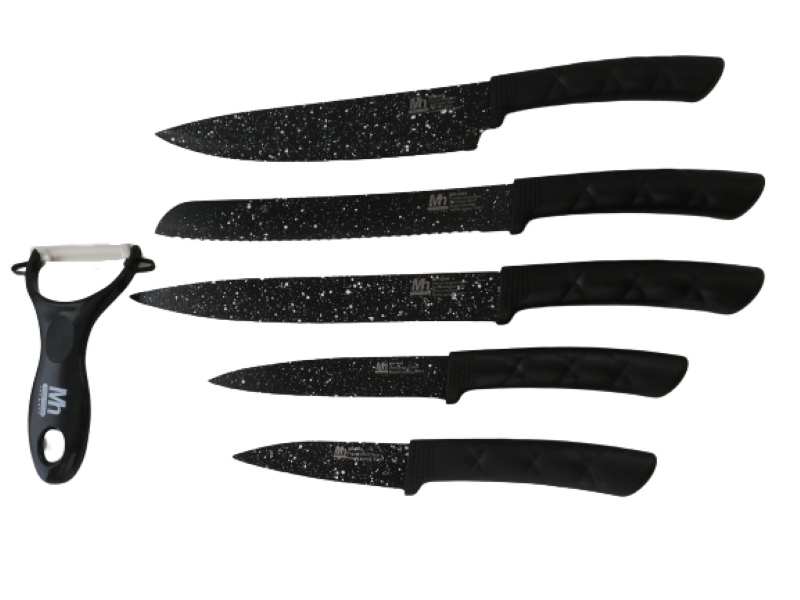 Knife set 6pc Black with Marble Coated Blades MH4444
