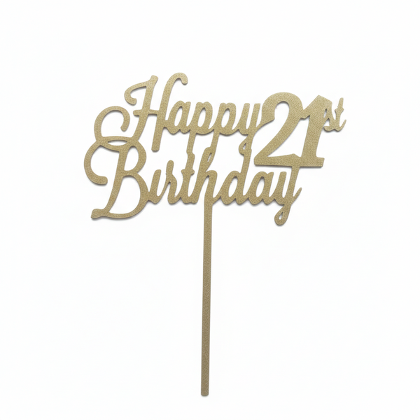 Happy 21st Birthday Cake Topper - Elegant Script Design - Black &amp; Gold