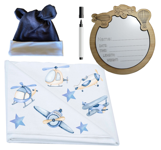 Swaddle, Newborn Beanie &amp; Birth Announcement -Helicopters &amp; Planes