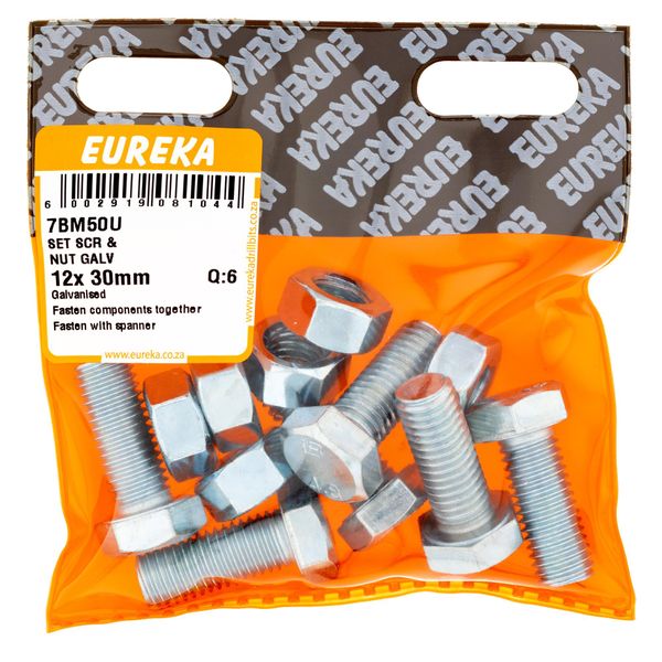 EUREKA Set Screw &amp; Nut Galvanised 12 x 30mm Q:6 7BM50U