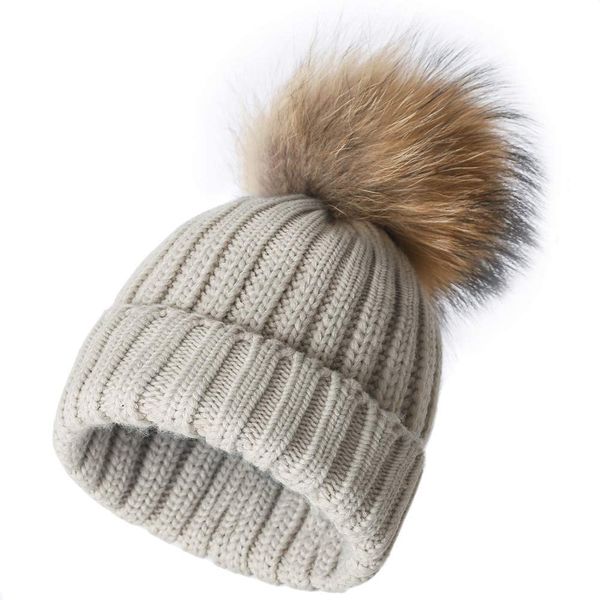 Womens Winter Knitted Beanie Hat with Faux Fur Pom