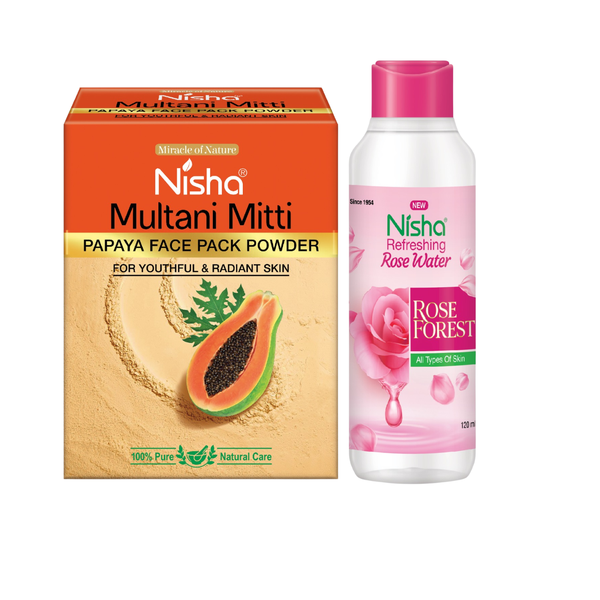 Nisha Multani Mitti Papaya Face Pack Powder &amp; 120ml Rose Water Set