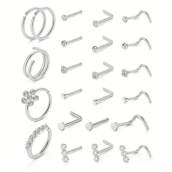 23Pcs Stainless Steel Nose Rings Hoop Nose Rings Studs for Women Men Silver