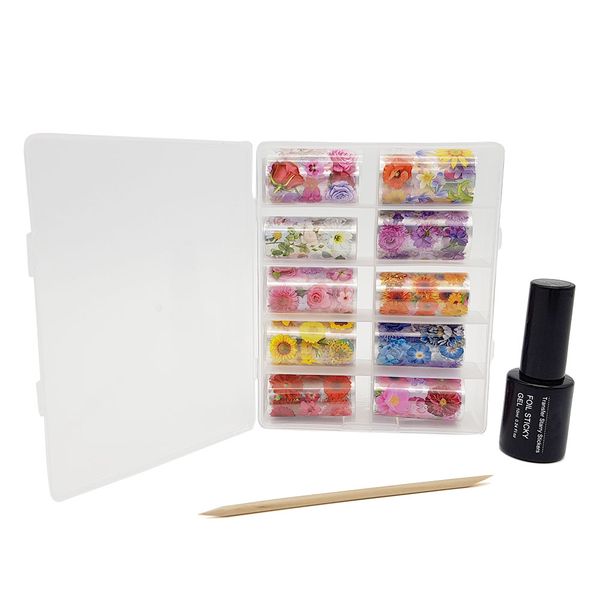 Nail Foil 13 Piece Set - Nail Foil Sticky Glue &amp; Cuticle Pusher - Floral Pack