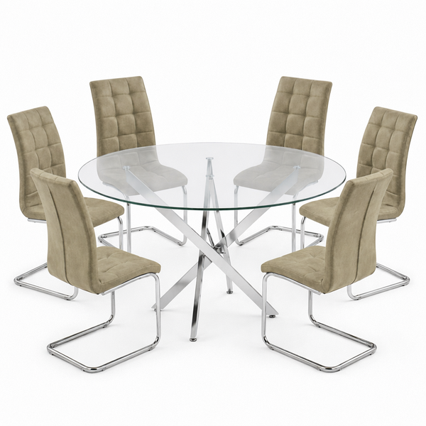 Ziyane Vogue 140cm Clear Glass Round Dining Table &amp;6 Cantilever Chairs Set