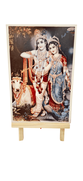 Hindu Religious Tile Ceramic Glazed - Radha Krishna + Wooden Easel Stand