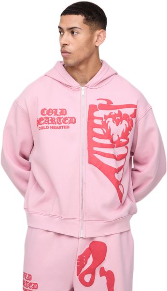 boohooMAN - Men's Boxy Skeleton Print Contrast Zip Through Hoodie - Pink