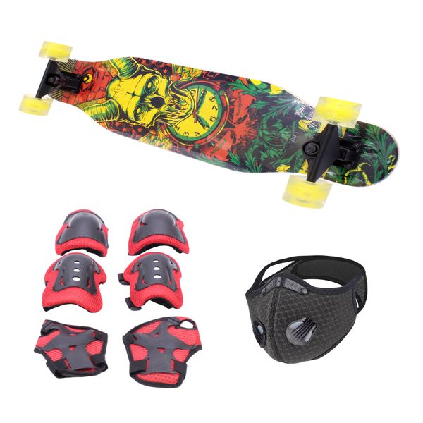 Skateboard 80x20cm Longboard-LED Wheels &amp; Protective Gear Kit &amp; Mask -Skull