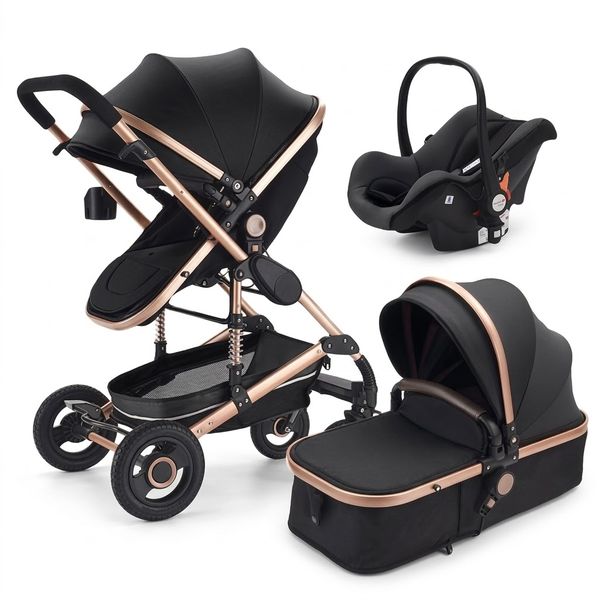 3 in 1 Black Multi-functional Baby Stroller with Baby Carry Basket