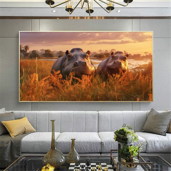 Canvas Wall Artwork - Savannah Hippos Abstract - 0649
