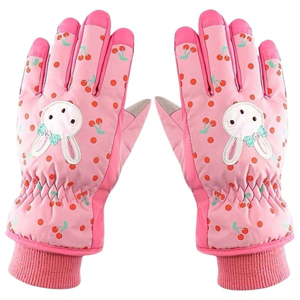 Kids Pink Cherry Rabbit Waterproof Ski Gloves - 5-Layer Warm Winter Gloves