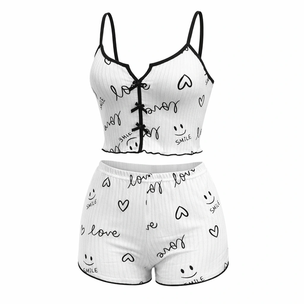 Two Piece Smiley Print Pajama Set - White