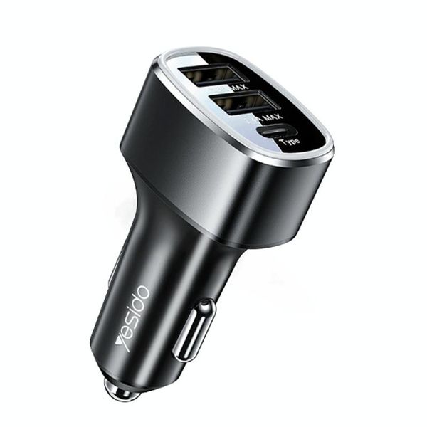YESIDO - Y47 -2 USB + Port Type-C Fast Car Charger - Black
