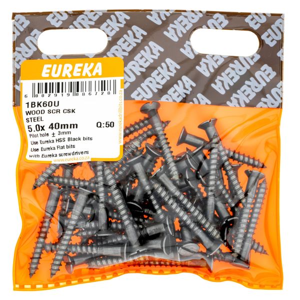 EUREKA Wood Screw Countersunk Steel 5 x 40mm Q:50 1BK60U