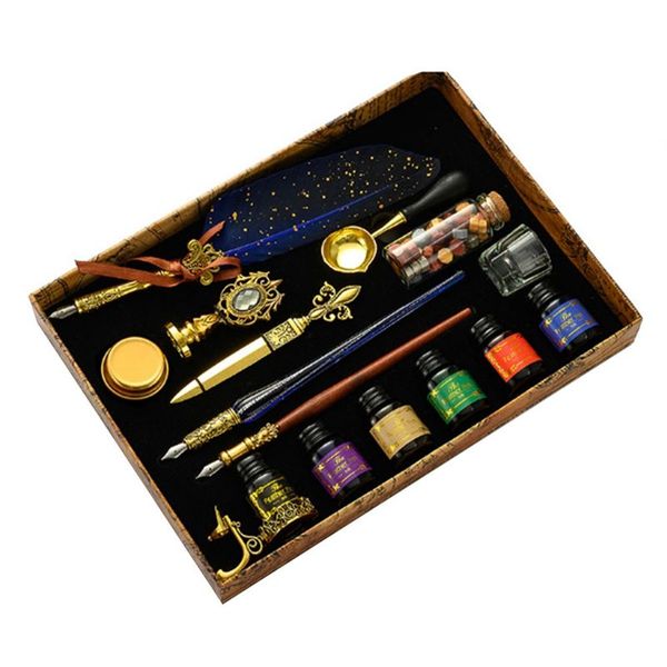16 Pcs Antique Feather Wooden Dip Pen Kit for Calligraphy Words Gifts